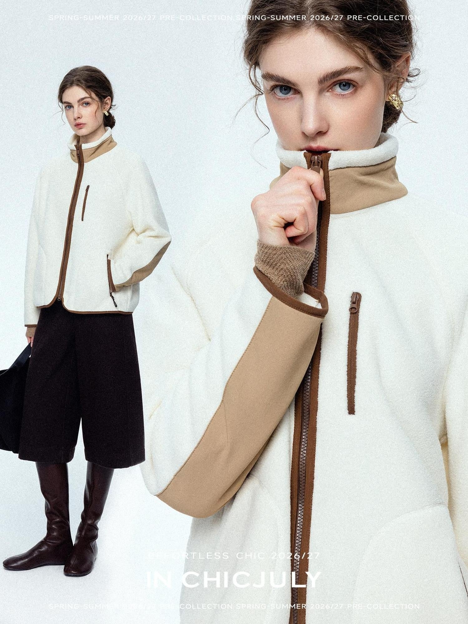 chicjuly Fleece Stand Collar Zipper Cropped Straight Women's Polyester Casual Jackets