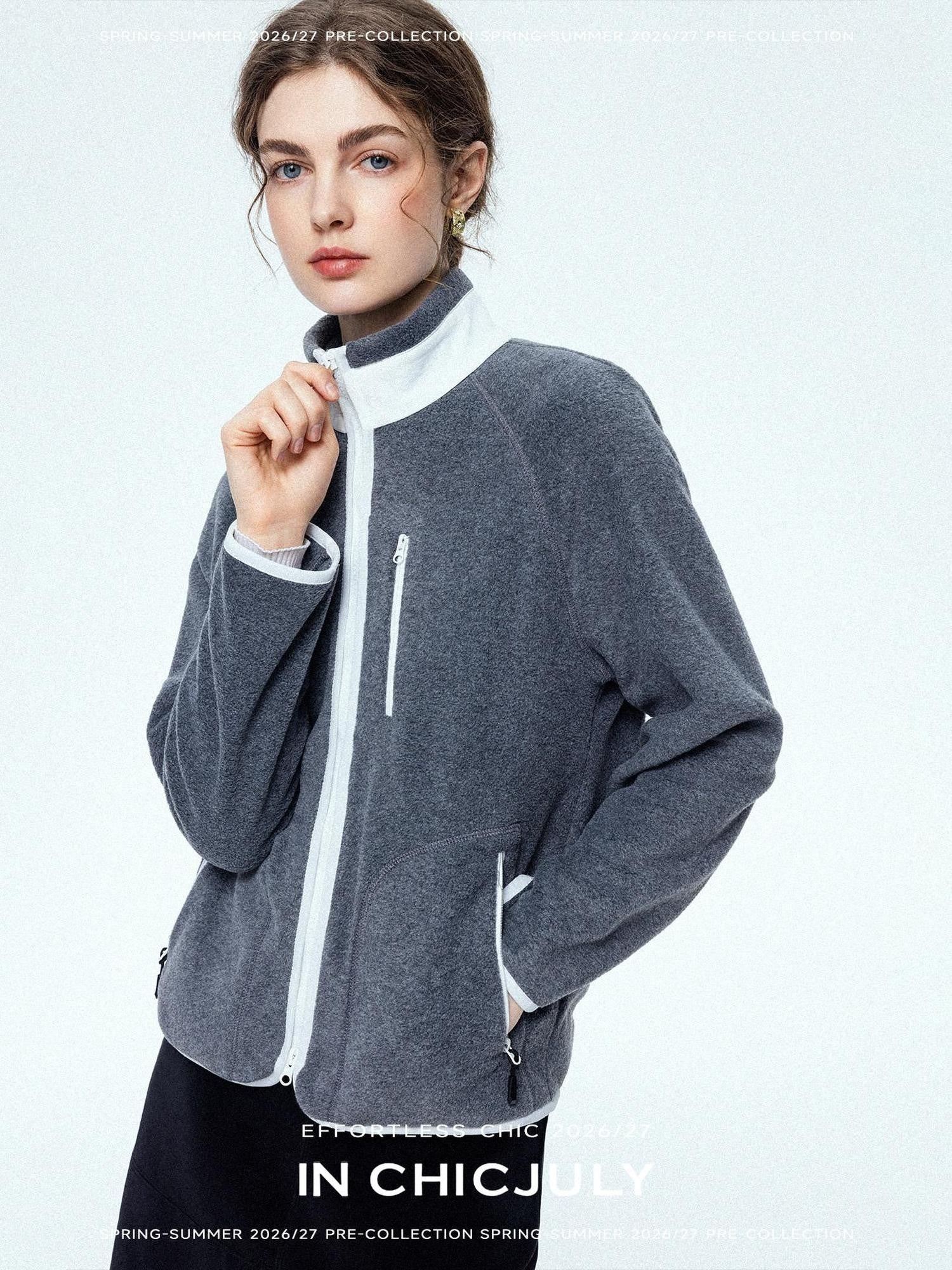 chicjuly Fleece Stand Collar Zipper Cropped Straight Women's Polyester Casual Jackets