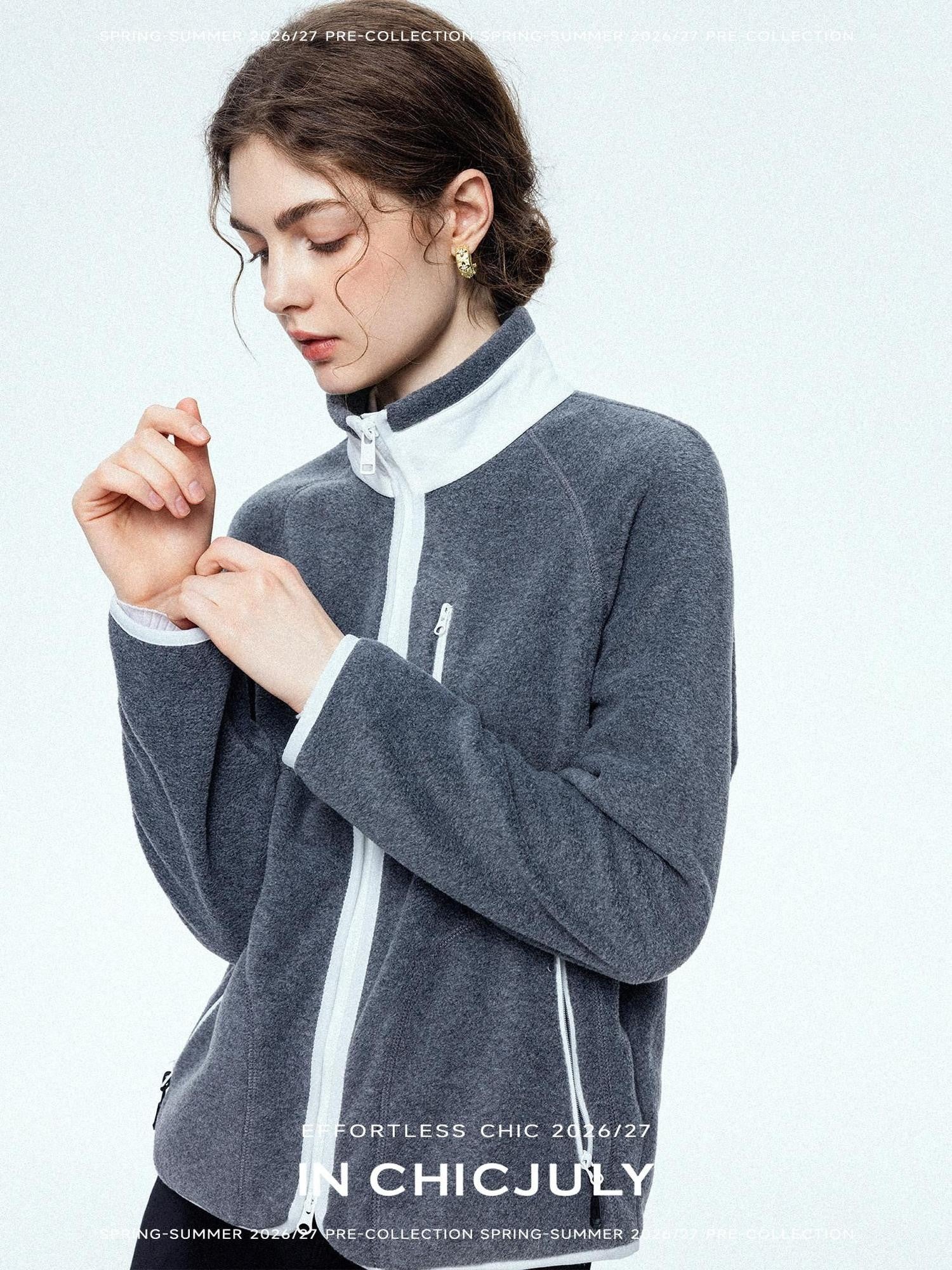 chicjuly Fleece Stand Collar Zipper Cropped Straight Women's Polyester Casual Jackets
