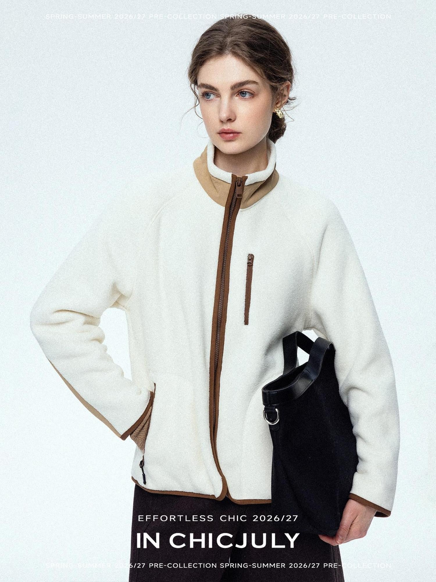 chicjuly Fleece Stand Collar Zipper Cropped Straight Women's Polyester Casual Jackets