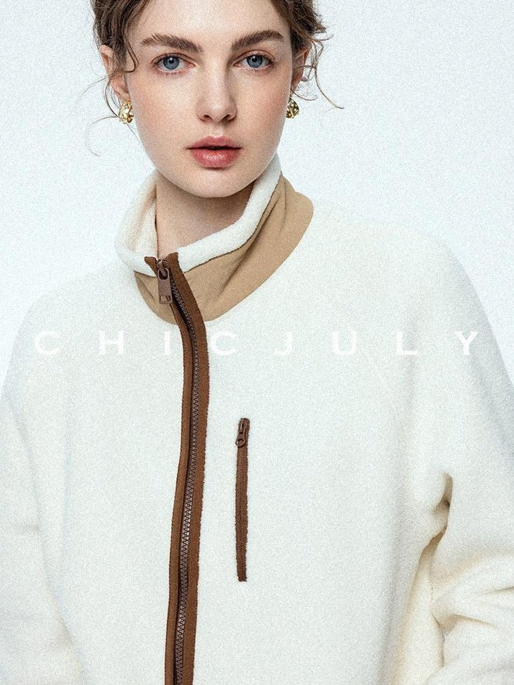 chicjuly Fleece Stand Collar Zipper Cropped Straight Women's Polyester Casual Jackets