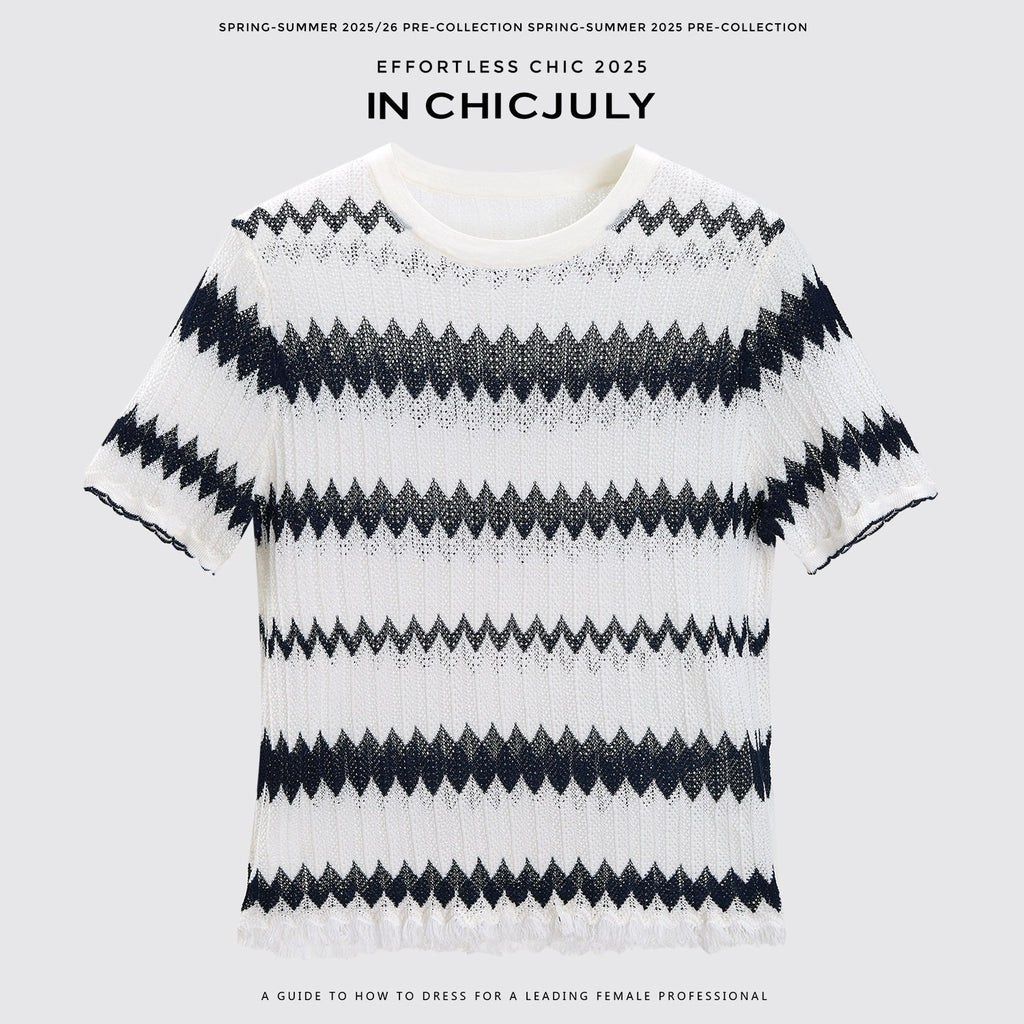 chicjuly French Applique Floral Wave Stripe Knit Women's Silk Wool Short Sleeve T-shirts 930915430576