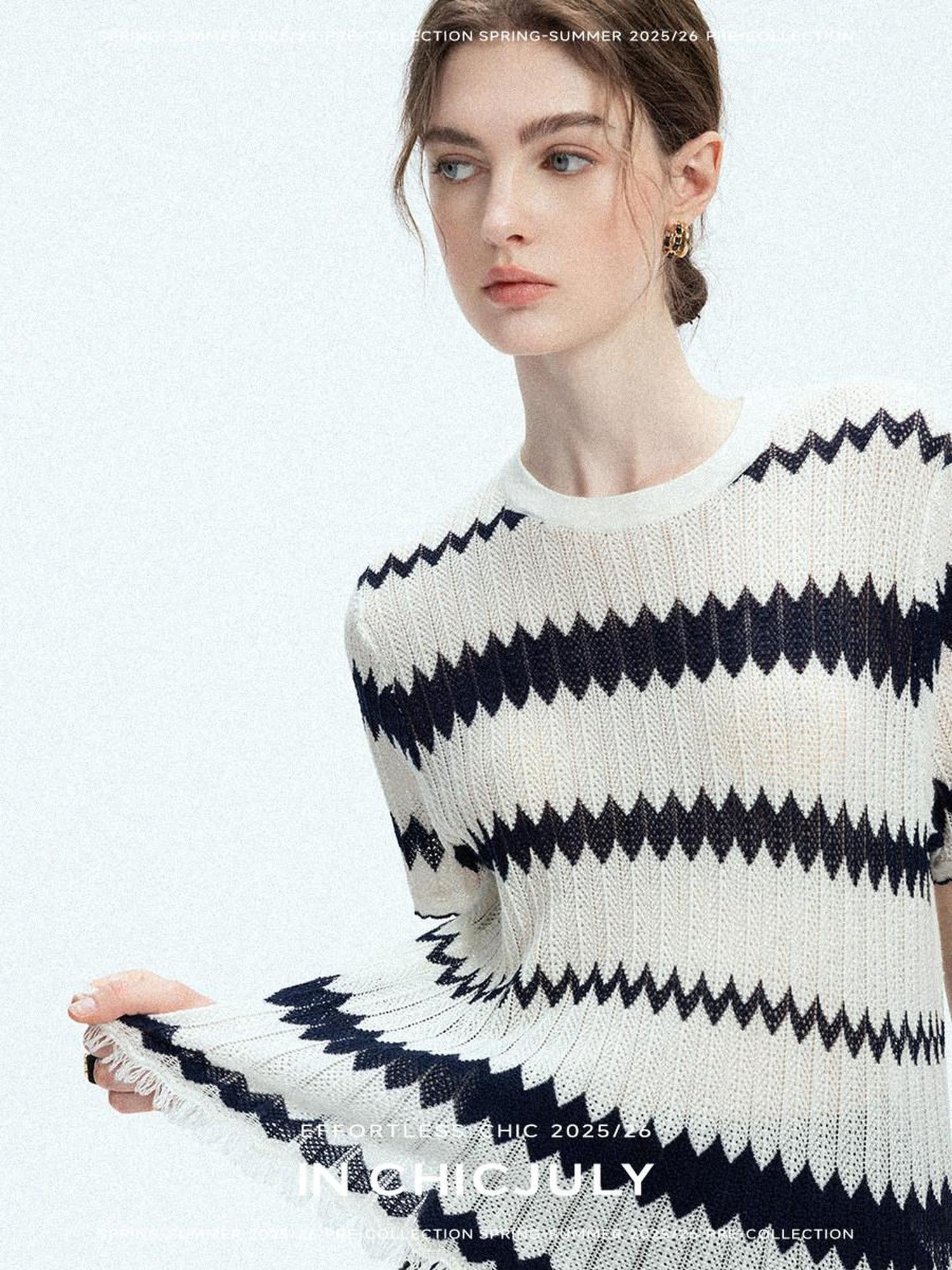 chicjuly French Applique Floral Wave Stripe Knit Women's Silk Wool Short Sleeve T-shirts