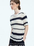 chicjuly French Applique Floral Wave Stripe Knit Women's Silk Wool Short Sleeve T-shirts