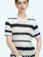 chicjuly French Applique Floral Wave Stripe Knit Women's Silk Wool Short Sleeve T-shirts