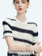 chicjuly French Applique Floral Wave Stripe Knit Women's Silk Wool Short Sleeve T-shirts