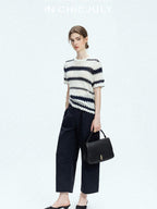 chicjuly French Applique Floral Wave Stripe Knit Women's Silk Wool Short Sleeve T-shirts