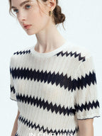 chicjuly French Applique Floral Wave Stripe Knit Women's Silk Wool Short Sleeve T-shirts