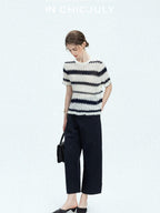 chicjuly French Applique Floral Wave Stripe Knit Women's Silk Wool Short Sleeve T-shirts