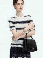 chicjuly French Applique Floral Wave Stripe Knit Women's Silk Wool Short Sleeve T-shirts