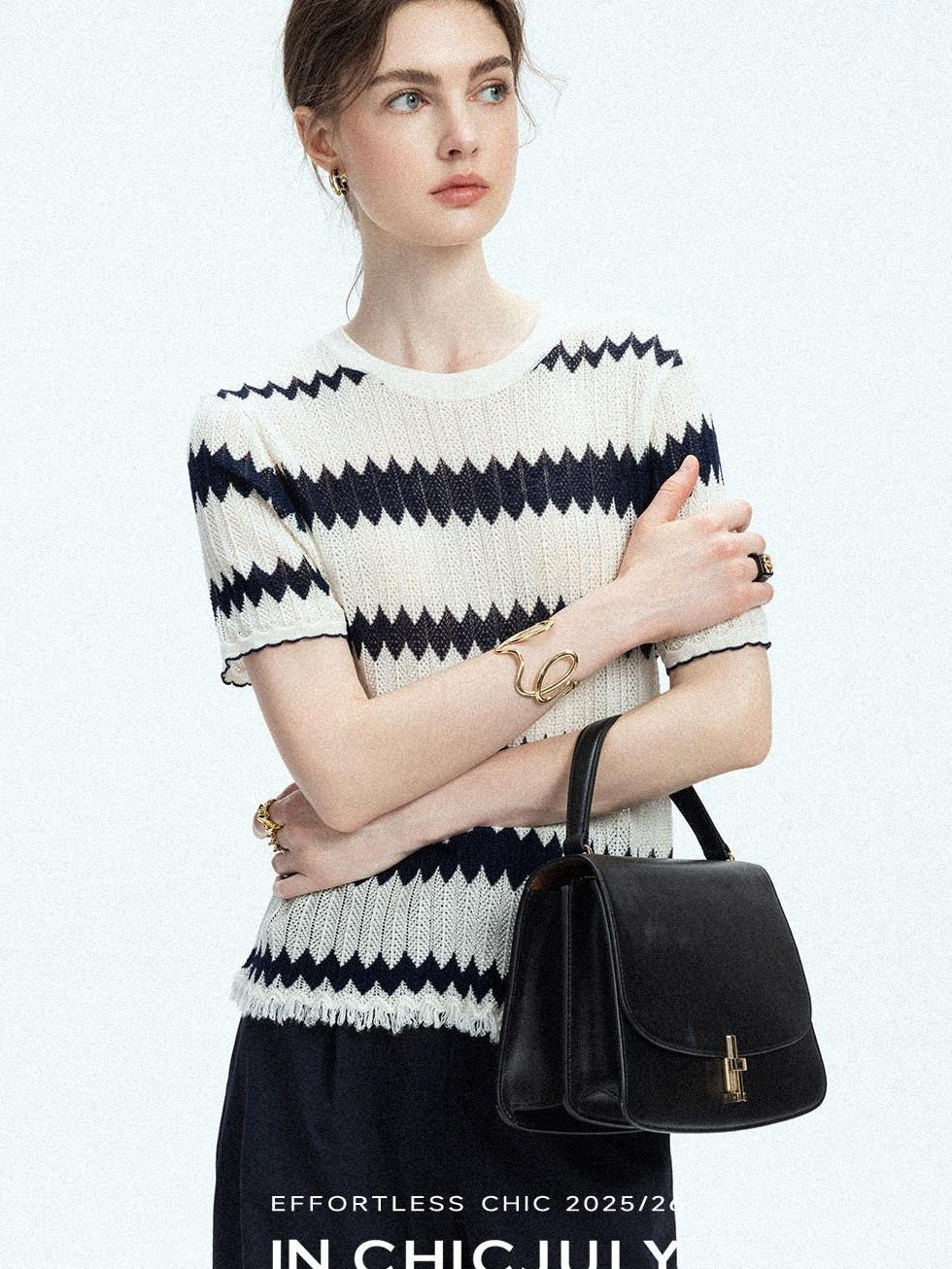 chicjuly French Applique Floral Wave Stripe Knit Women's Silk Wool Short Sleeve T-shirts