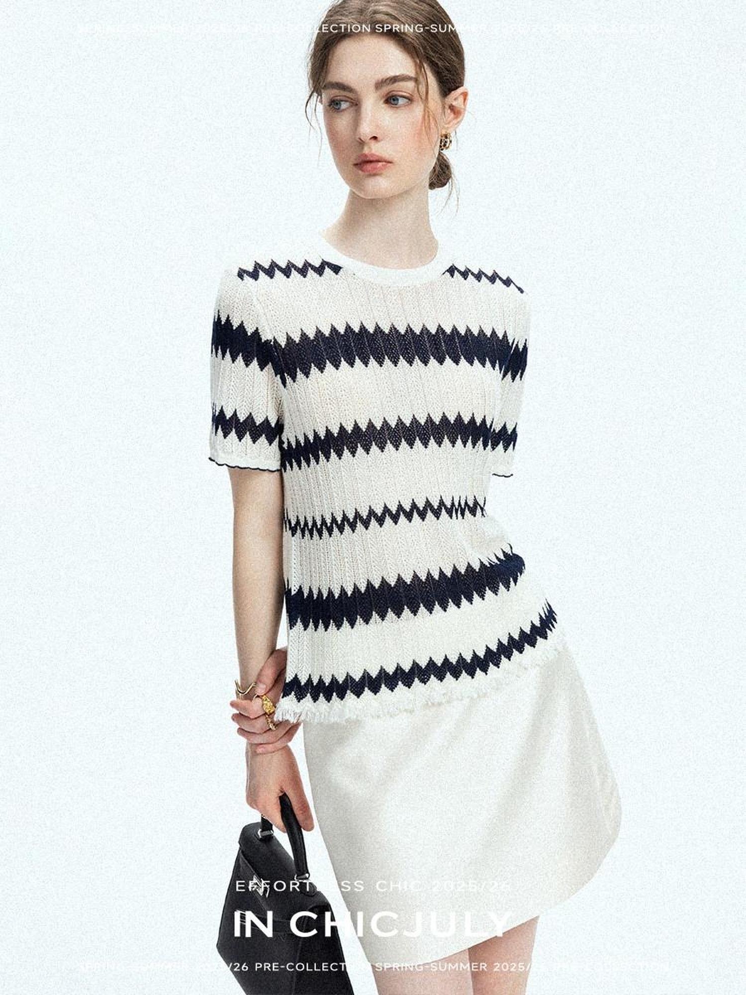 chicjuly French Applique Floral Wave Stripe Knit Women's Silk Wool Short Sleeve T-shirts