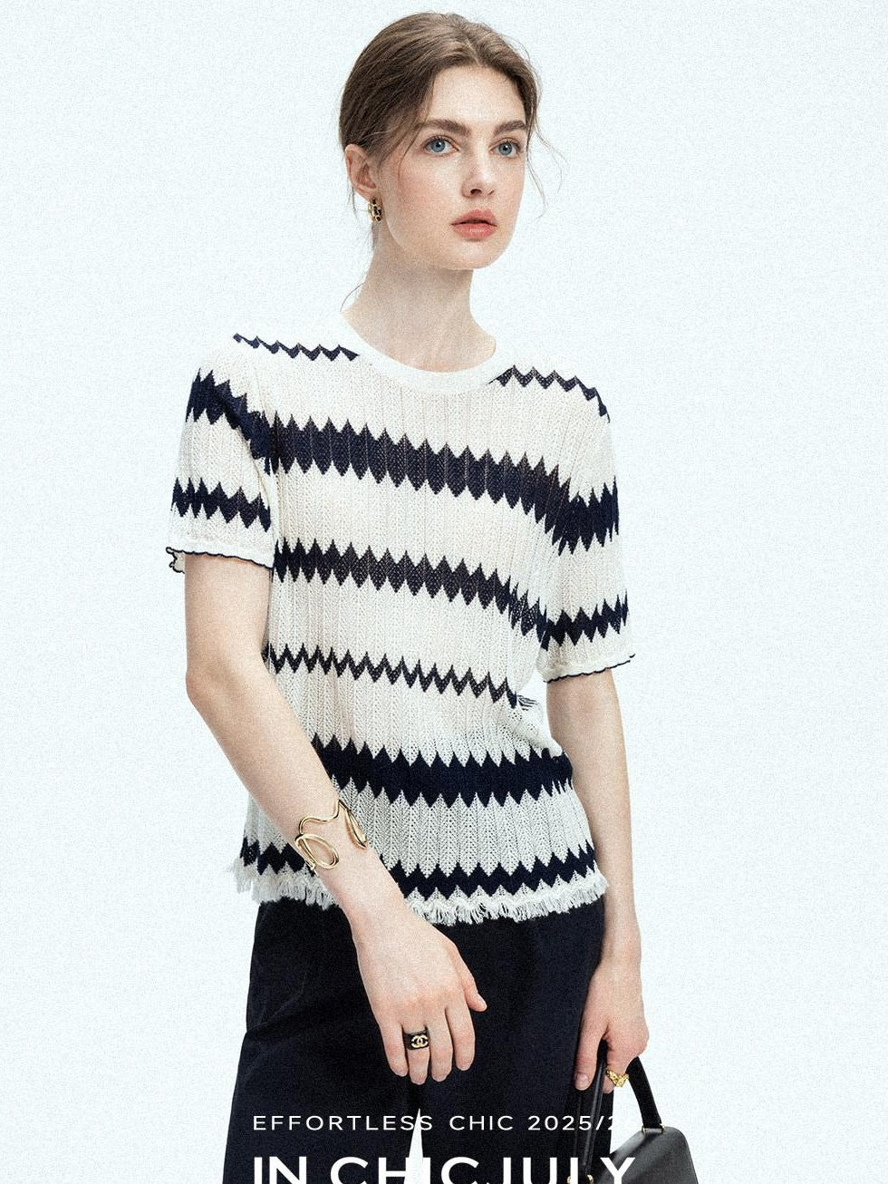 chicjuly French Applique Floral Wave Stripe Knit Women's Silk Wool Short Sleeve T-shirts