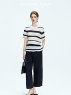 chicjuly French Applique Floral Wave Stripe Knit Women's Silk Wool Short Sleeve T-shirts