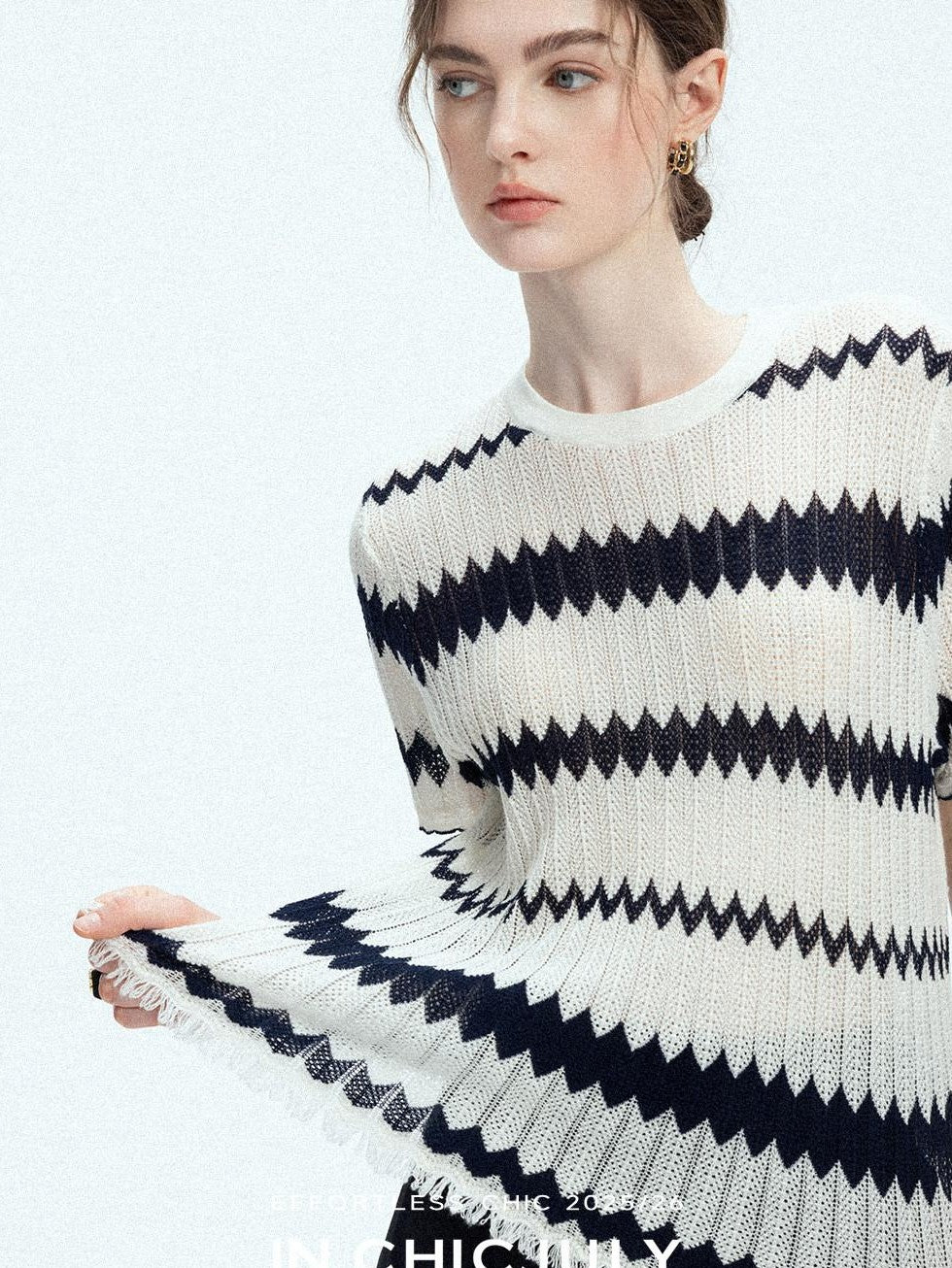 chicjuly French Applique Floral Wave Stripe Knit Women's Silk Wool Short Sleeve T-shirts