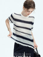 chicjuly French Applique Floral Wave Stripe Knit Women's Silk Wool Short Sleeve T-shirts