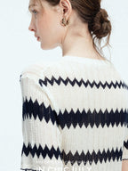 chicjuly French Applique Floral Wave Stripe Knit Women's Silk Wool Short Sleeve T-shirts