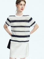 chicjuly French Applique Floral Wave Stripe Knit Women's Silk Wool Short Sleeve T-shirts