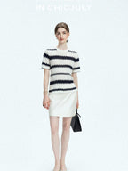chicjuly French Applique Floral Wave Stripe Knit Women's Silk Wool Short Sleeve T-shirts