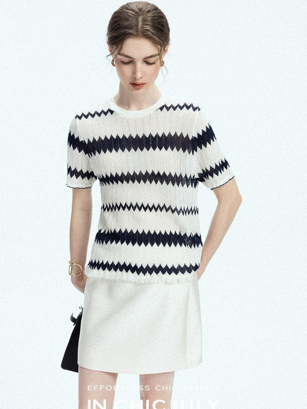 chicjuly French Applique Floral Wave Stripe Knit Women's Silk Wool Short Sleeve T-shirts