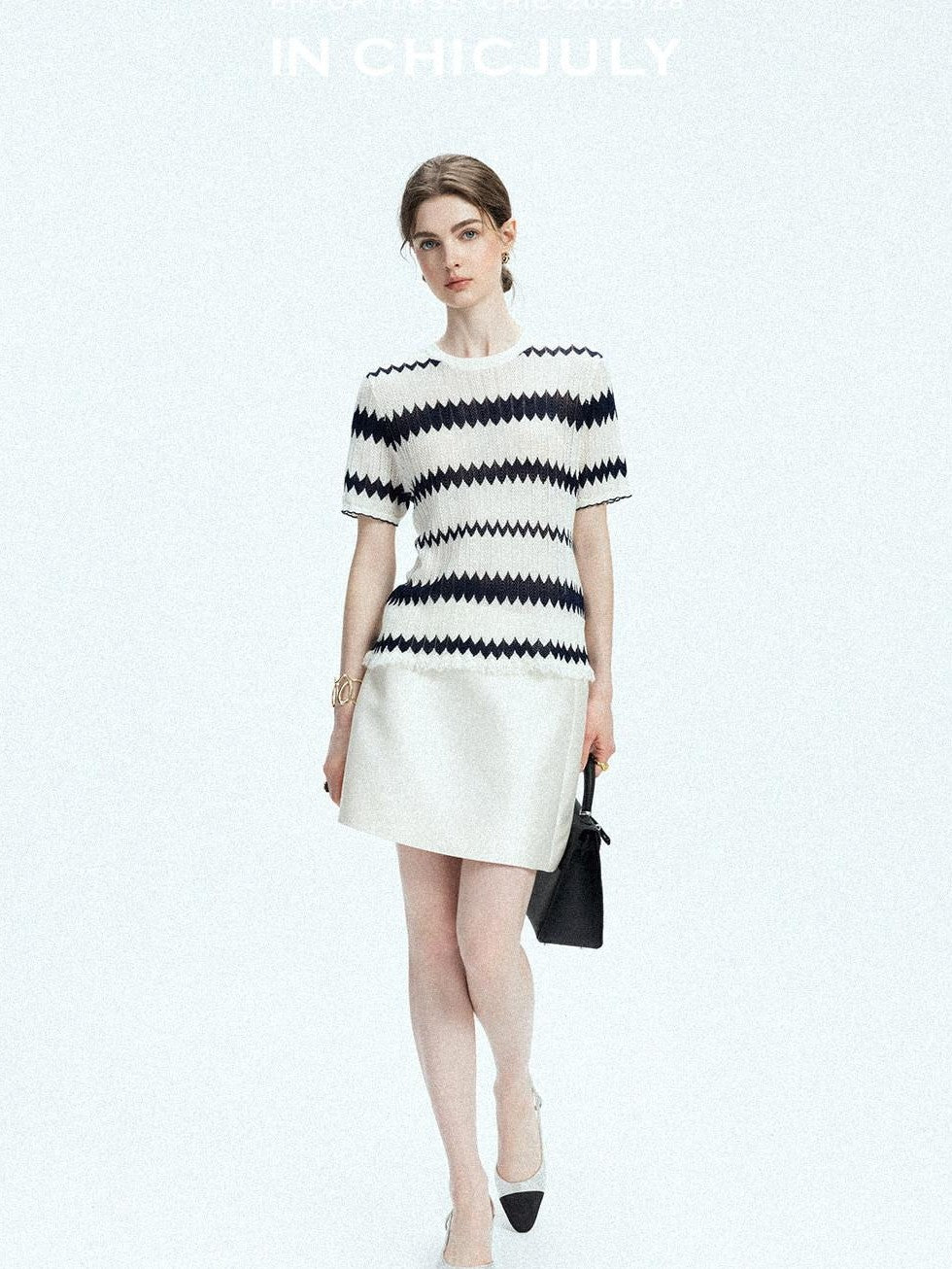 chicjuly French Applique Floral Wave Stripe Knit Women's Silk Wool Short Sleeve T-shirts