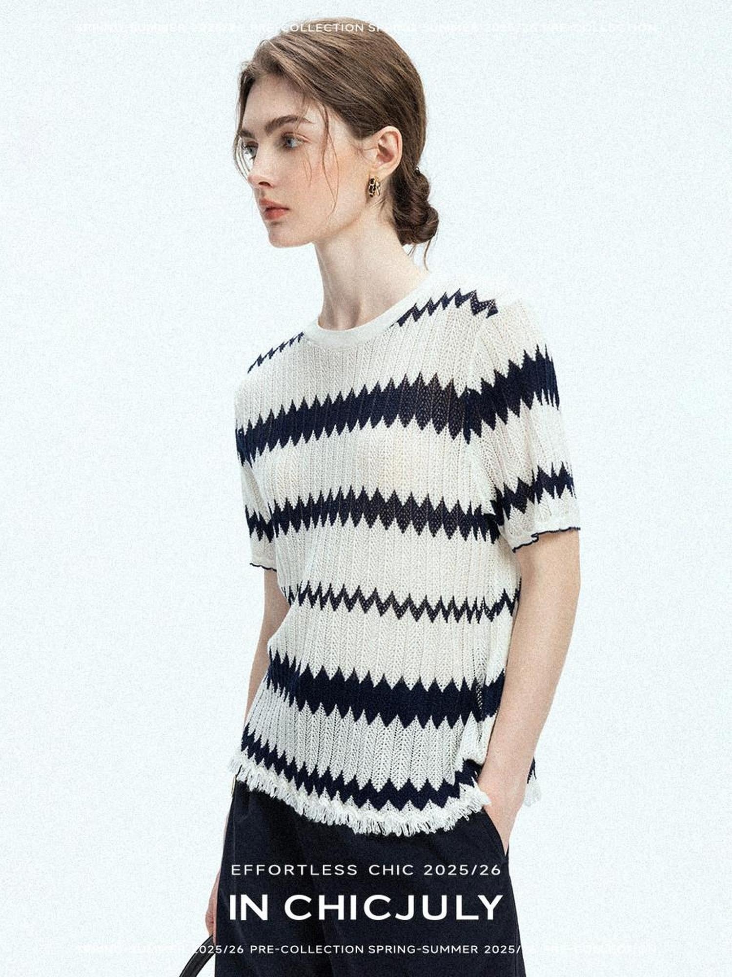 chicjuly French Applique Floral Wave Stripe Knit Women's Silk Wool Short Sleeve T-shirts