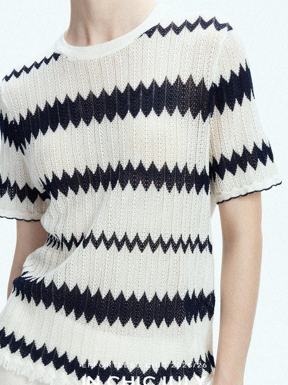 chicjuly French Applique Floral Wave Stripe Knit Women's Silk Wool Short Sleeve T-shirts