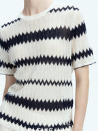 chicjuly French Applique Floral Wave Stripe Knit Women's Silk Wool Short Sleeve T-shirts