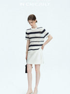 chicjuly French Applique Floral Wave Stripe Knit Women's Silk Wool Short Sleeve T-shirts