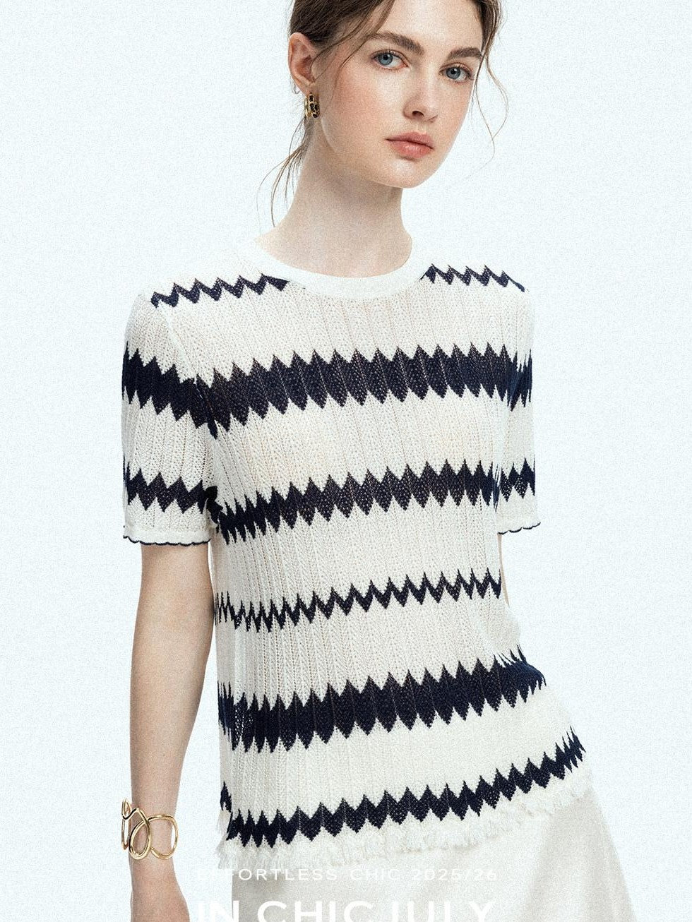 chicjuly French Applique Floral Wave Stripe Knit Women's Silk Wool Short Sleeve T-shirts