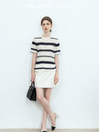 chicjuly French Applique Floral Wave Stripe Knit Women's Silk Wool Short Sleeve T-shirts