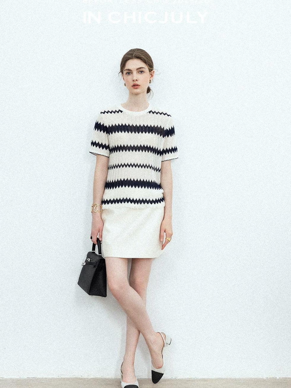 chicjuly French Applique Floral Wave Stripe Knit Women's Silk Wool Short Sleeve T-shirts