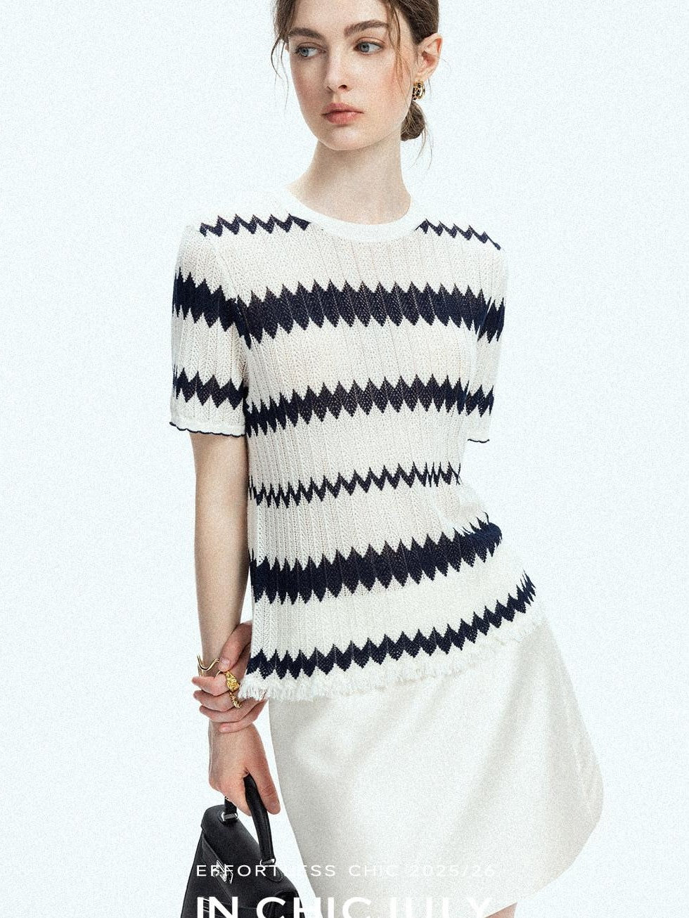 chicjuly French Applique Floral Wave Stripe Knit Women's Silk Wool Short Sleeve T-shirts