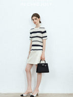 chicjuly French Applique Floral Wave Stripe Knit Women's Silk Wool Short Sleeve T-shirts