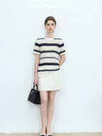 chicjuly French Applique Floral Wave Stripe Knit Women's Silk Wool Short Sleeve T-shirts