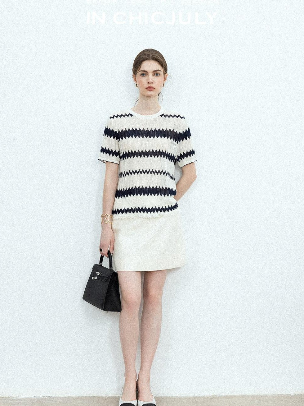 chicjuly French Applique Floral Wave Stripe Knit Women's Silk Wool Short Sleeve T-shirts