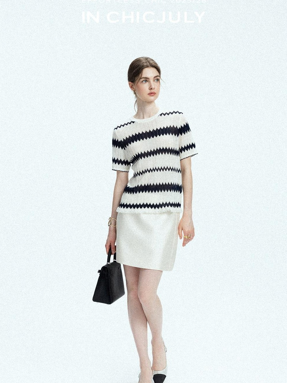 chicjuly French Applique Floral Wave Stripe Knit Women's Silk Wool Short Sleeve T-shirts
