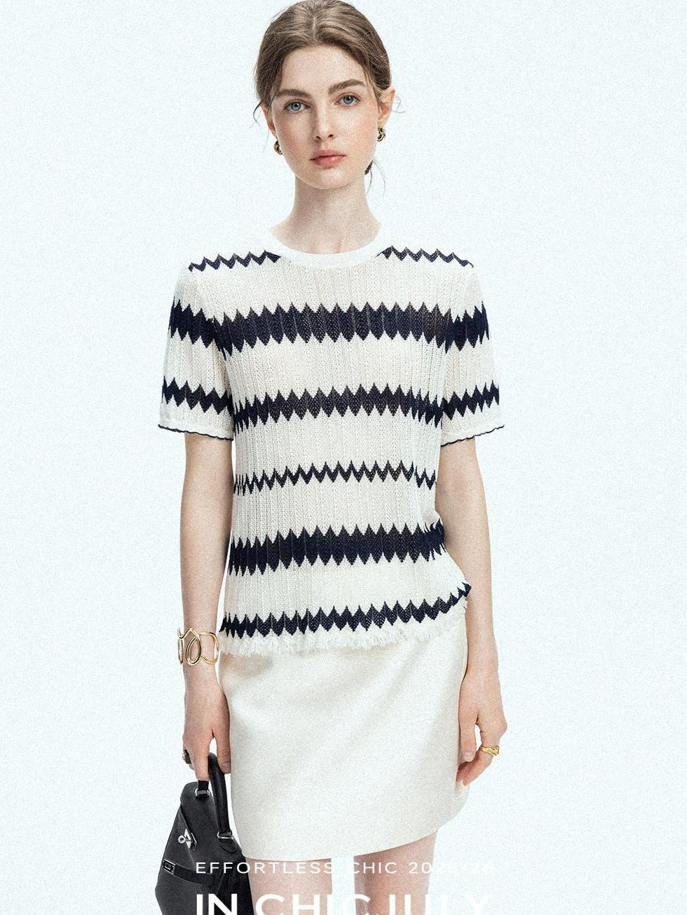chicjuly French Applique Floral Wave Stripe Knit Women's Silk Wool Short Sleeve T-shirts