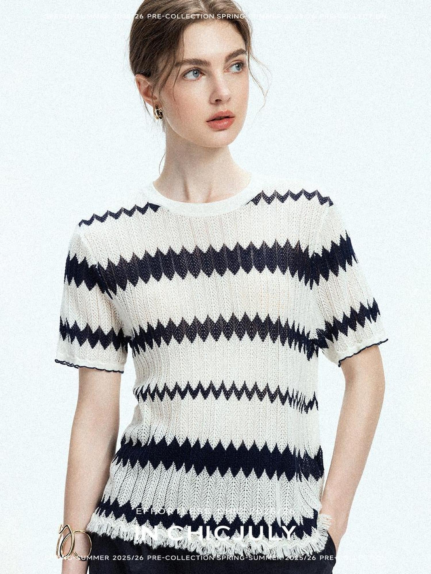 chicjuly French Applique Floral Wave Stripe Knit Women's Silk Wool Short Sleeve T-shirts