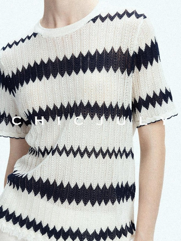 chicjuly French Applique Floral Wave Stripe Knit Women's Silk Wool Short Sleeve T-shirts
