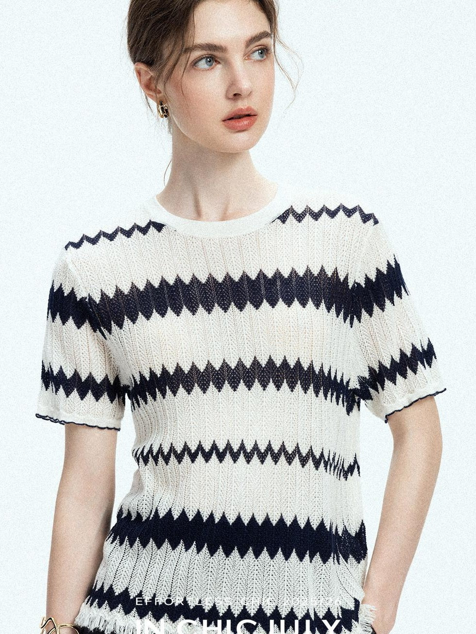 chicjuly French Applique Floral Wave Stripe Knit Women's Silk Wool Short Sleeve T-shirts