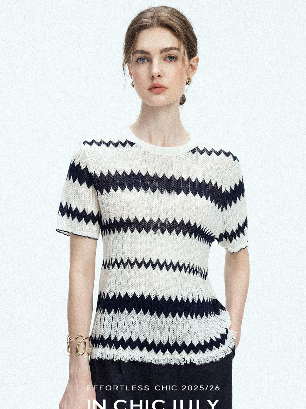 chicjuly French Applique Floral Wave Stripe Knit Women's Silk Wool Short Sleeve T-shirts
