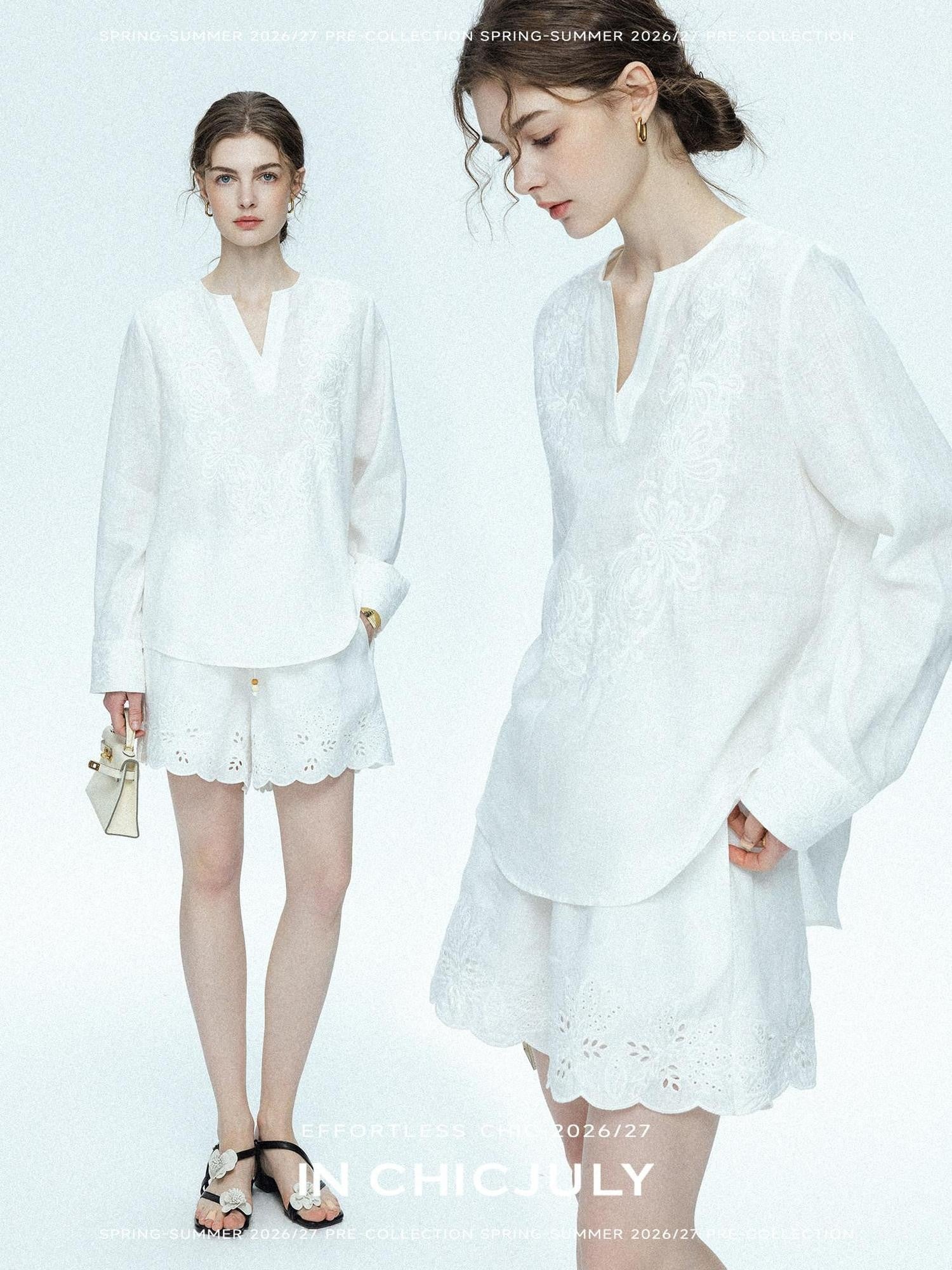chicjuly French Embroidered Applique Lace Cutout V-neck Women's Linen Top & Shorts Sets