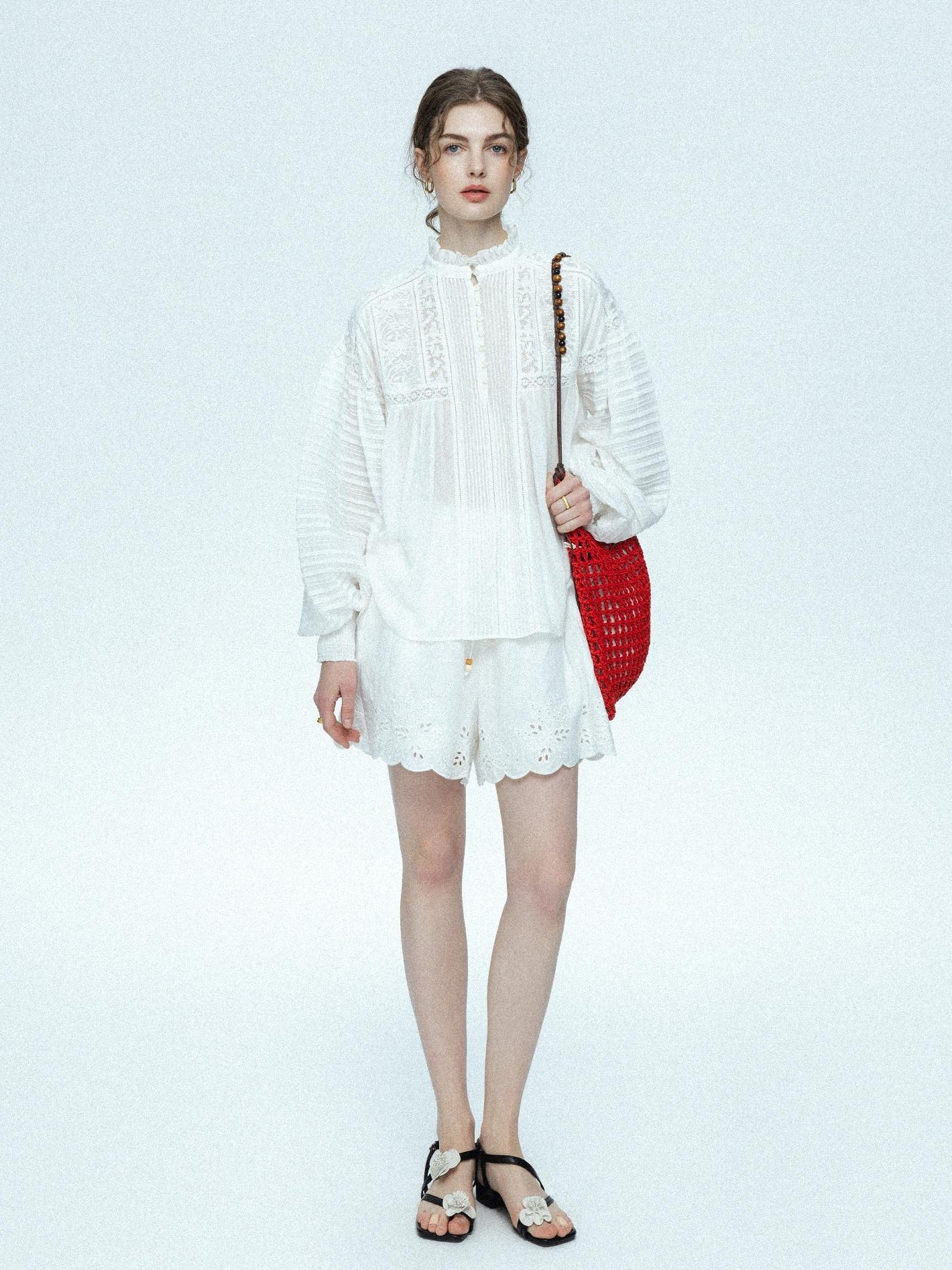chicjuly French Embroidered Applique Lace Cutout V-neck Women's Linen Top & Shorts Sets