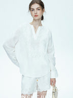 chicjuly French Embroidered Applique Lace Cutout V-neck Women's Linen Top & Shorts Sets