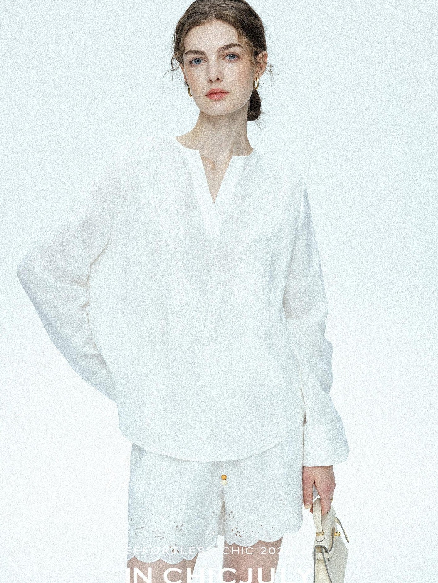 chicjuly French Embroidered Applique Lace Cutout V-neck Women's Linen Top & Shorts Sets
