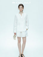 chicjuly French Embroidered Applique Lace Cutout V-neck Women's Linen Top & Shorts Sets