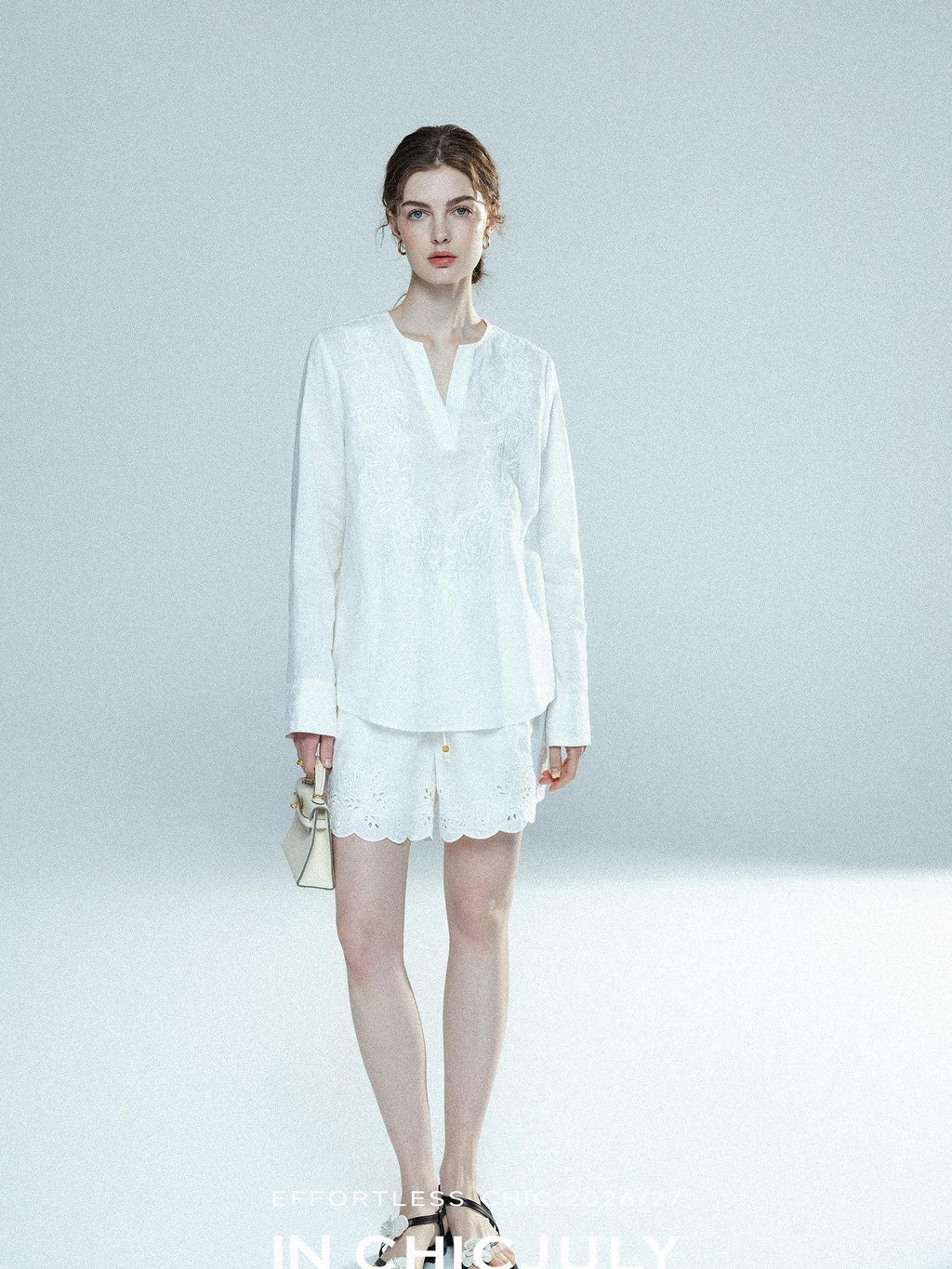 chicjuly French Embroidered Applique Lace Cutout V-neck Women's Linen Top & Shorts Sets