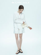chicjuly French Embroidered Applique Lace Cutout V-neck Women's Linen Top & Shorts Sets