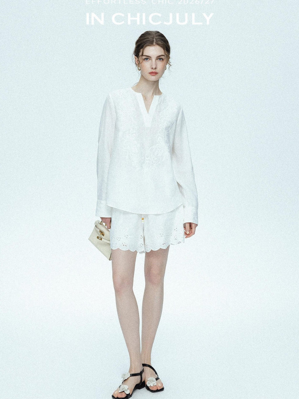 chicjuly French Embroidered Applique Lace Cutout V-neck Women's Linen Top & Shorts Sets